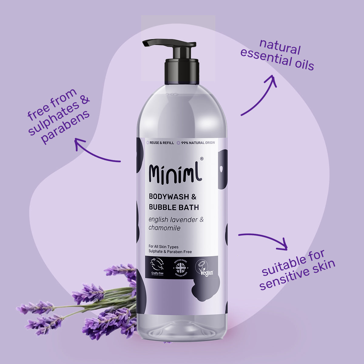 Bodywash + Bubblebath - English Lavender & Chamomile - 1L Bottle