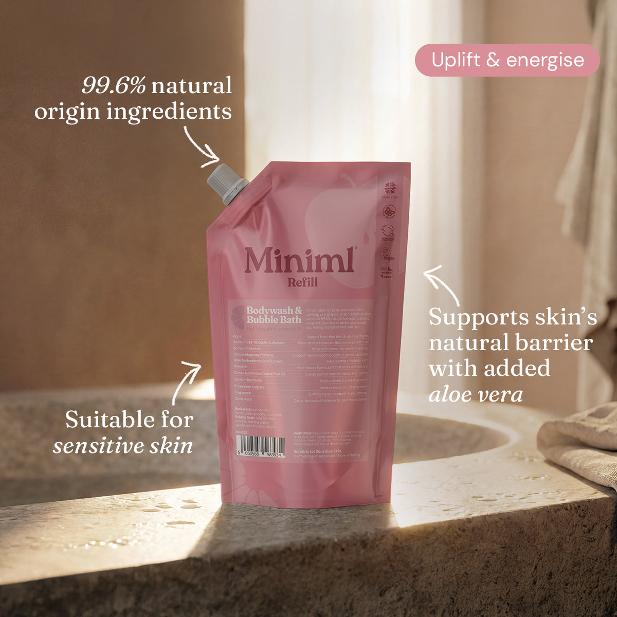 Bodywash + Bubblebath - Pink Grapefruit + Aloe Vera - 1L Refill
