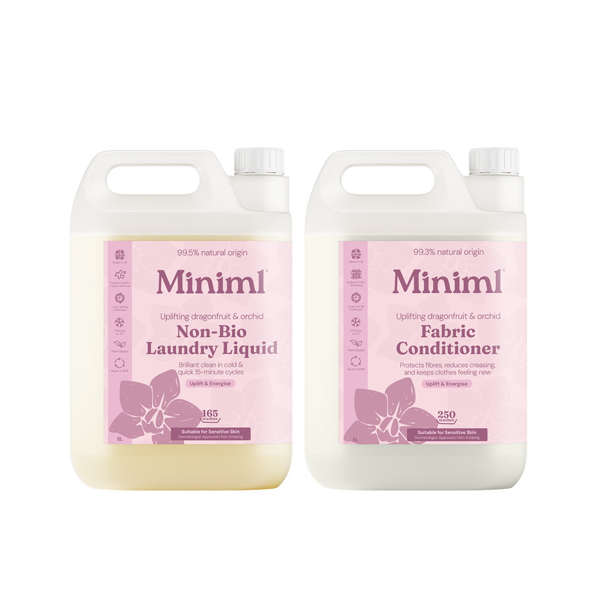 Two bottles of Miniml laundry products on a white background