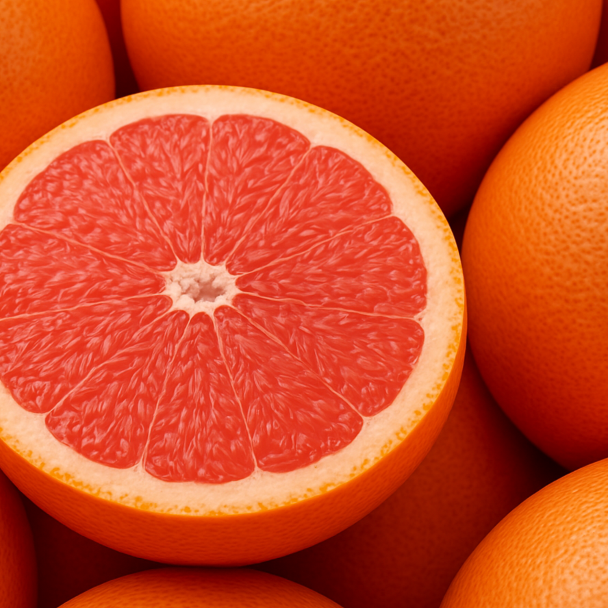 Close-up of a halved pink grapefruit surrounded by whole grapefruits